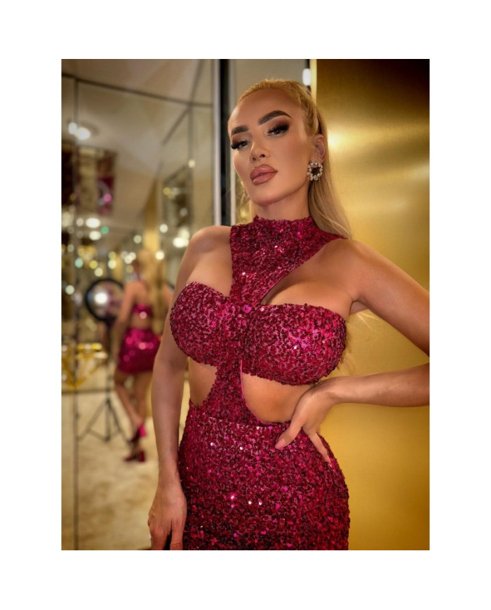 INEZ - KOMPLET/SUKIENKA 4W1 Z CEKIN W ODCIENIU FUKSJI